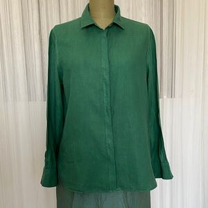 Massimo Dutti Classic Kelly Green Button-Front 100% Linen Shirt Size 12